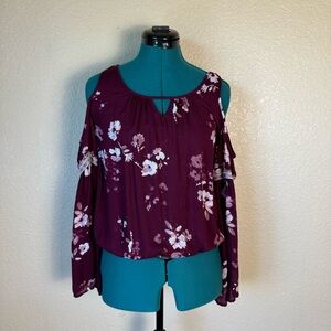 Burgundy cold shoulder floral blouse w elastic waist bell sleeve Size Small